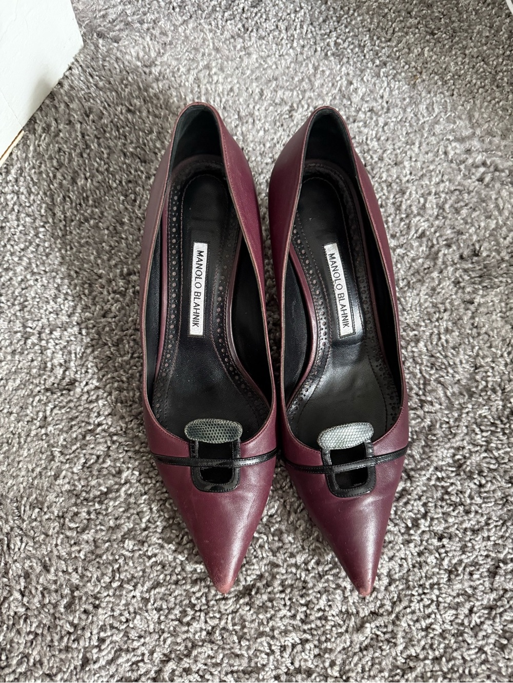 Manolo Blahnik Wine Pointed Toe Leather Pumps